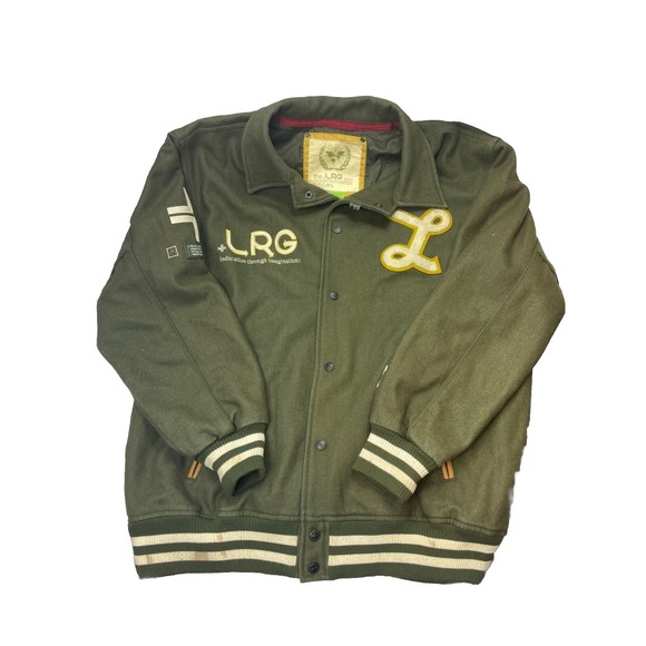 LRG Team Player Wool Olive Green Jacket Mens Size L Embroidered  Rare - Picture 1 of 13